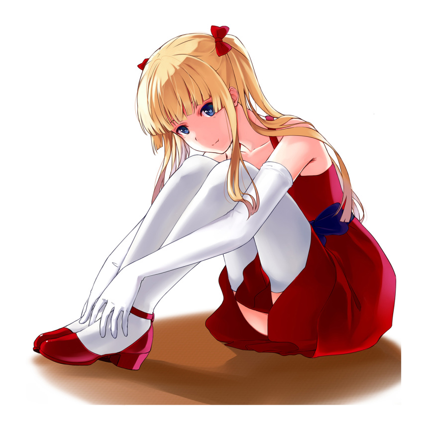 1girl bangs blonde_hair blue_bow blue_eyes bow closed_mouth collarbone dress elbow_gloves full_body gloves hair_bow highres long_hair mizuki_(mizuki_ame) pumps red_bow red_dress red_footwear saenai_heroine_no_sodatekata sawamura_spencer_eriri short_dress simple_background sitting sleeveless sleeveless_dress solo thighhighs twintails very_long_hair white_background white_gloves white_legwear