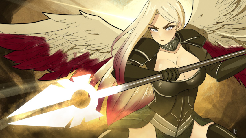 1girl angel_wings armor avacyn black_armor blonde_hair blood bloody_wings boots bracer breasts cleavage collarbone corruption english_commentary frown gradient_background grey_eyes highres holding holding_polearm holding_weapon ihsnet large_breasts lipstick magic:_the_gathering makeup pauldrons pelvic_curtain polearm serious shadow shoulder_armor solo spear thigh_boots upper_body weapon wings zettai_ryouiki