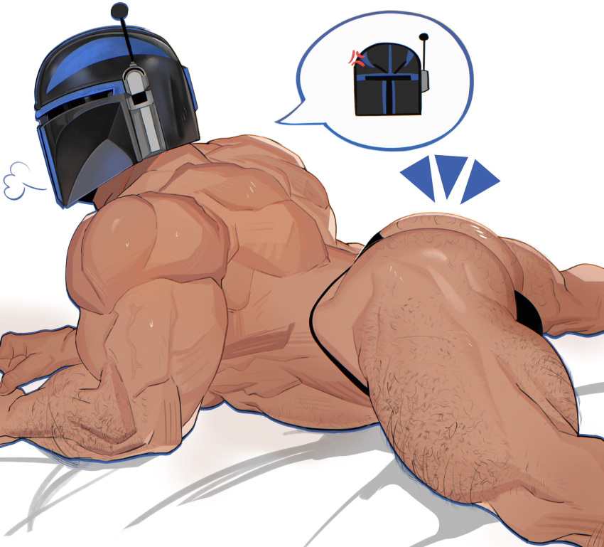 1boy bara bed bed_sheet biceps bulge covered_face feet_out_of_frame hairy helmet highres jaxcian male_focus manly mature_male muscular muscular_male no_pants on_bed original simple_background spread_legs star_wars thick_arms thick_thighs thighs thong topless_male veins white_background