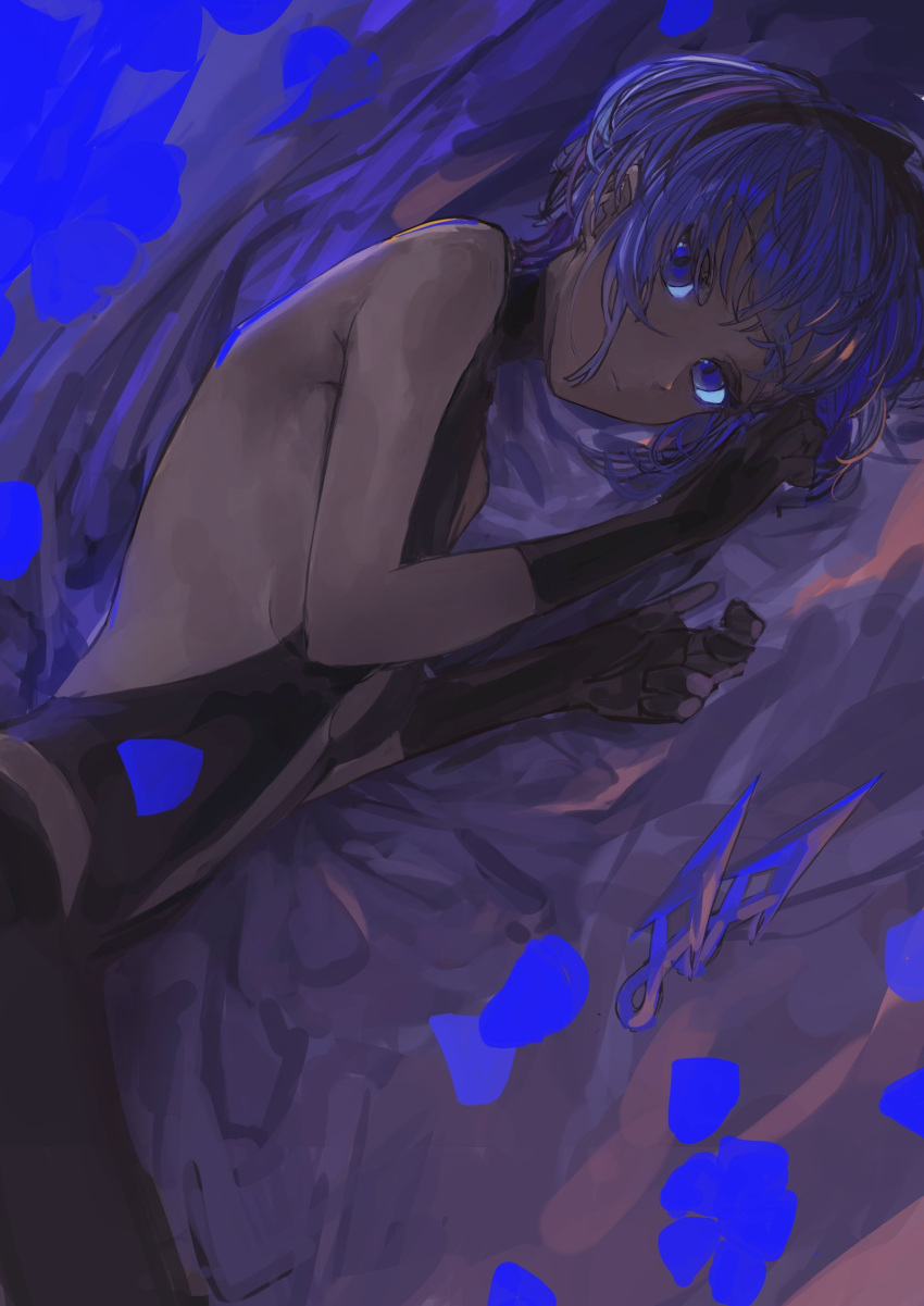 1girl backless_bodysuit backless_outfit bare_shoulders bed_sheet black_bodysuit black_gloves black_hairband blue_petals bodysuit center_opening closed_mouth dagger dark-skinned_female dark_skin expressionless fate/grand_order fate_(series) gloves hairband hands_up hassan_of_serenity_(fate) highres hip_vent knife looking_at_viewer lying navel on_side petals purple_eyes purple_hair revealing_clothes short_hair solo weapon yorurokujuu