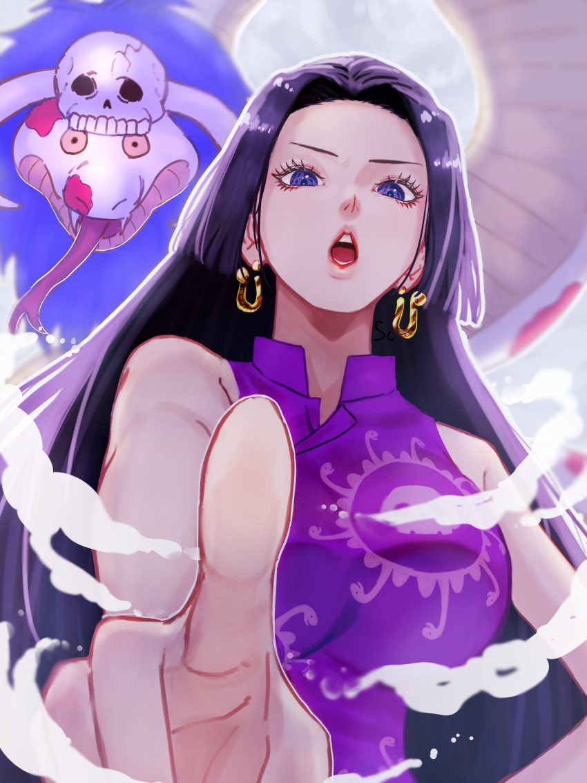 1girl bare_shoulders black_hair blue_eyes boa_hancock breasts commentary_request dress earrings eyelashes fangs forked_tongue highres jewelry large_breasts long_hair looking_at_viewer one_piece open_mouth pink_lips pointing pointing_at_viewer purple_dress salome_(one_piece) sc_scandium skull sleeveless sleeveless_dress snake snake_earrings teeth tongue upper_body yellow_eyes