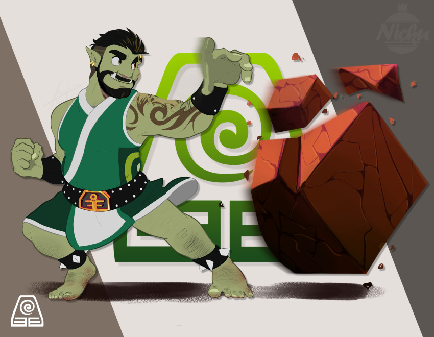 1boy avatar:_the_last_airbender avatar_legends bara beard colored_skin facial_hair fighting_stance foot_hair full_beard geokinesis green_skin highres male_focus martial_arts monster_boy nicku_arts orc original pointy_ears short_hair solo standing thick_eyebrows thick_leg_hair toned toned_male tusks undercut