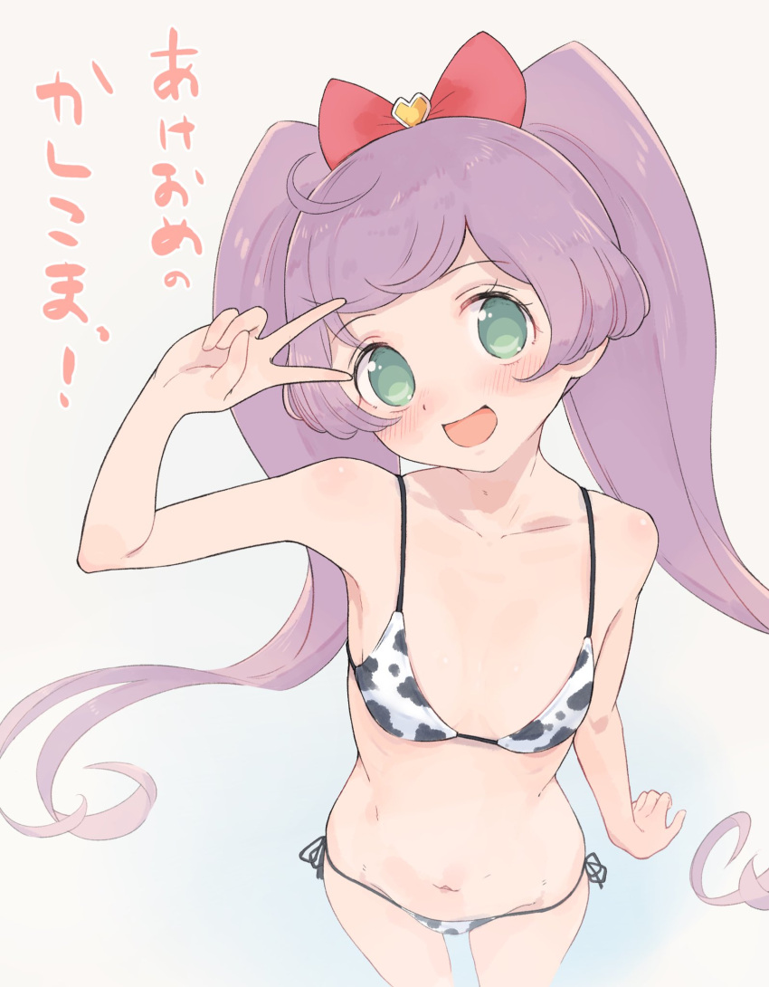 1girl ahoge animal_print bare_arms bare_legs bare_shoulders bikini blue_background blush bow collarbone cow_print cow_print_bikini cowboy_shot flat_chest from_above gradient_background green_eyes grey_background hair_bow heart highres hyakumangoku_masurao kashikoma! long_hair looking_at_viewer manaka_laala navel open_mouth pretty_series print_bikini pripara purple_hair red_bow side-tie_bikini_bottom smile solo standing stomach swimsuit translated twintails v_over_eye very_long_hair