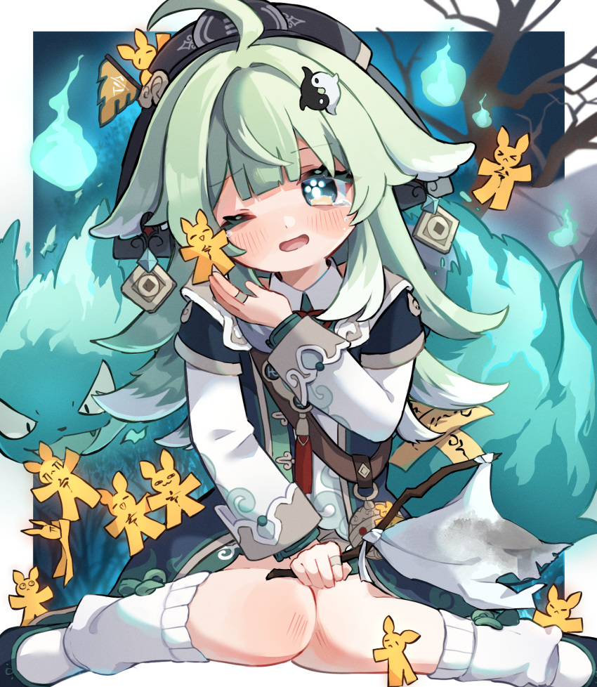 1girl ahoge animal_ears bare_tree black_footwear black_headwear blush border commentary_request fang fiery_tail flag fox_ears fox_girl fox_tail full_body green_eyes green_hair hand_up hat highres holding holding_flag honkai:_star_rail honkai_(series) huohuo_(honkai:_star_rail) knees_together_feet_apart long_hair long_sleeves nanakusa_yomogi one_eye_closed open_mouth outside_border paper_doll partial_commentary paw-shaped_pupils rock sitting symbol-shaped_pupils tail tail_(honkai:_star_rail) talisman tearing_up tree wariza white_border white_flag white_leg_warmers yin_yang_hair_ornament