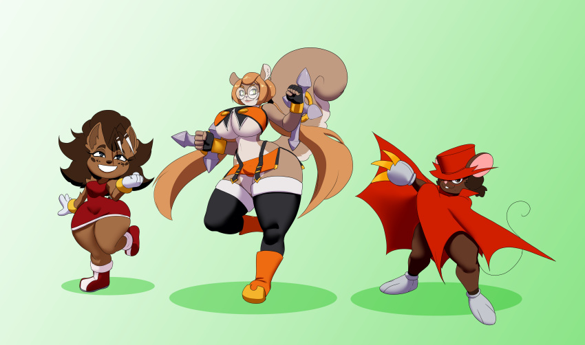 absurd_res amy_rose anthro blazblue bottomwear breasts cloak clothing club_(weapon) cosplay daroach dress eyewear female glasses group gwen_geek gwen_martin hat headgear headwear hi_res intersex makoto_nanaya male male_(lore) mammal melee_weapon mila_thornmier mouse murid murine n-ronin nightstick orange_bottomwear orange_clothing orange_skirt porcupine red_clothing red_dress rodent sciurid sega shaded shadow skirt smile sonic_the_hedgehog_(series) top_hat tree_squirrel trio under_boob weapon