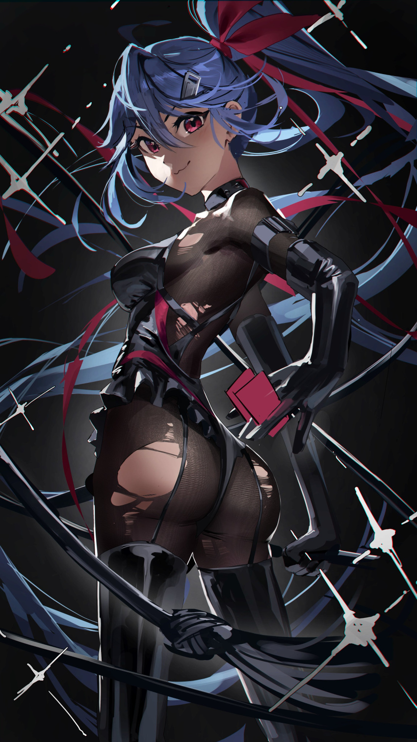1girl :3 absurdres allen_m._sumner_(azur_lane) allen_m._sumner_(two_faces_of_justice)_(azur_lane) ass azur_lane black_background black_garter_straps black_leotard black_thighhighs blue_hair bodystocking bow breasts card from_behind garter_straps hair_between_eyes hair_bow hair_ornament hairclip high_ponytail highres holding holding_card leotard long_hair looking_at_viewer looking_back medium_breasts meltyrice official_alternate_costume phantom_thief red_bow red_eyes simple_background solo thighhighs torn_bodystocking torn_clothes very_long_hair