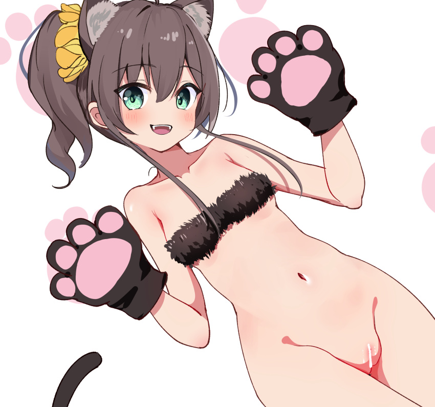 1girl animal_ear_fluff animal_ears animal_hands aqua_eyes bandeau bar_censor bikini black_bikini blush bottomless breasts cat_ears cat_girl cat_tail censored fur_bikini gloves hair_ornament hair_scrunchie head_tilt highres hololive looking_at_viewer natsuiro_matsuri navel ontake2009 open_mouth paw_gloves pussy scrunchie side_ponytail sidelocks small_breasts smile solo stomach strapless strapless_bikini swimsuit tail virtual_youtuber white_background yellow_scrunchie