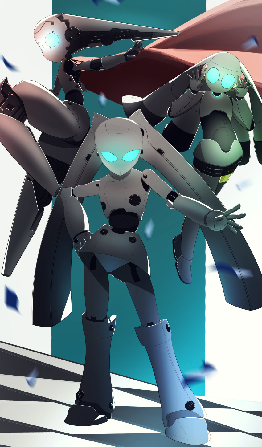 3girls absurdres blue_eyes cape colored_skin drossel_von_flugel eiryu33 fireball_(series) hands_up highres humanoid_robot joints multiple_girls no_humans no_mouth robot robot_girl robot_joints shiny_skin thighs twintails