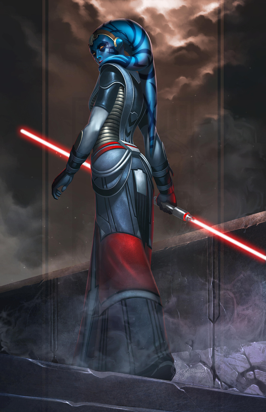 1girl absurdres alien black_gloves blue_skin colored_skin double_bladed_lightsaber energy_sword gloves highres holding_lightsaber lekku_(anatomy) lightsaber looking_at_viewer red_lightsaber robe smoke solo star_wars star_wars:_the_old_republic sword totmoartsstudio2 twi'lek weapon yellow_eyes