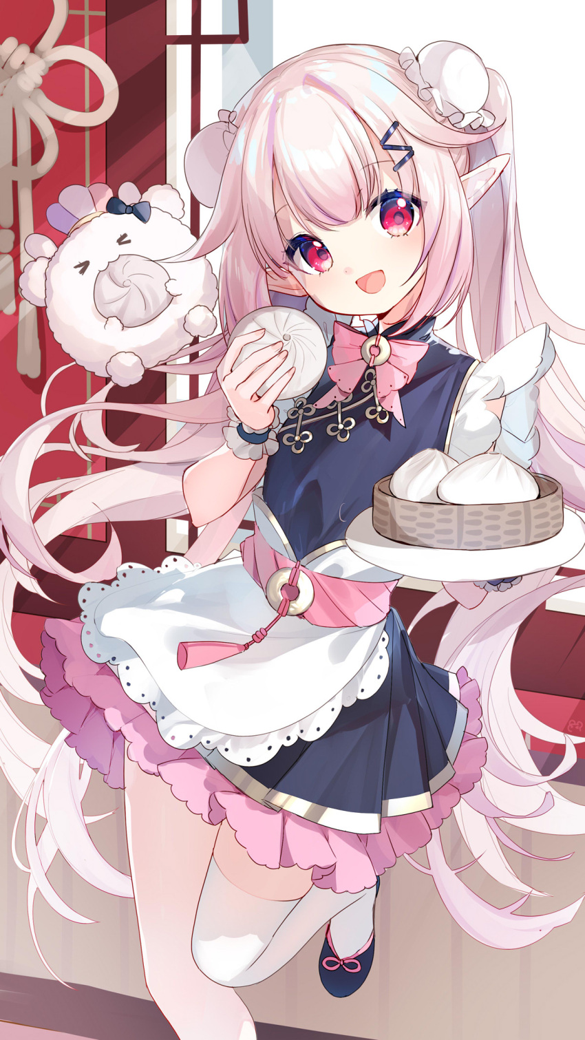 1girl :d baozi bison_cangshu china_dress chinese_clothes cowboy_shot dress food highres holding indie_virtual_youtuber looking_at_viewer mashiro_kanon pink_hair pointy_ears red_eyes smile