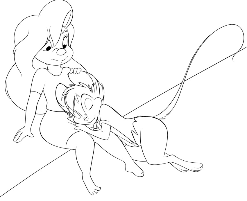 absurd_res anthro barefoot bottomwear canid cape clothing disney don_bluth dsketch3r_(artist) duo eyes_closed female female/female goof_troop hair hi_res humanoid lap_pillow mammal monochrome mouse mrs._brisby murid murine pairing rodent roxanne_(goof_troop) smile the_secret_of_nimh topwear