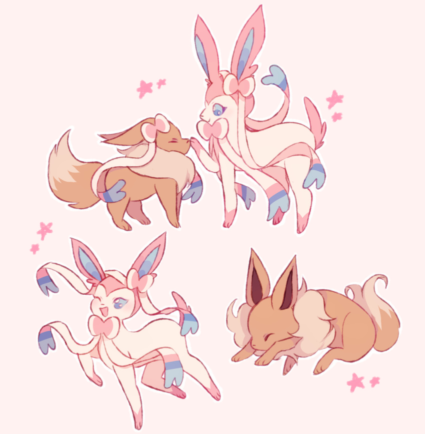 ;d blue_eyes charamells closed_eyes commentary creature eevee english_commentary facing_another full_body gen_1_pokemon gen_6_pokemon looking_at_another no_humans one_eye_closed open_mouth pokemon pokemon_(creature) ribbon simple_background smile standing star sylveon walking white_background