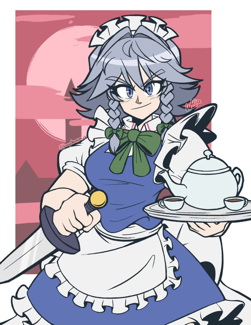 1girl apron back_bow blue_eyes blue_skirt blue_vest bow bowtie breasts closed_mouth collared_shirt cup frilled_apron frilled_skirt frills full_moon green_bow green_bowtie grey_hair haydensmub highres holding holding_knife holding_tray izayoi_sakuya knife maid maid_headdress medium_breasts moon puffy_short_sleeves puffy_sleeves scarlet_devil_mansion shirt short_sleeves skirt smile solo teacup teapot touhou tray v-shaped_eyebrows vest waist_bow white_apron white_bow white_shirt