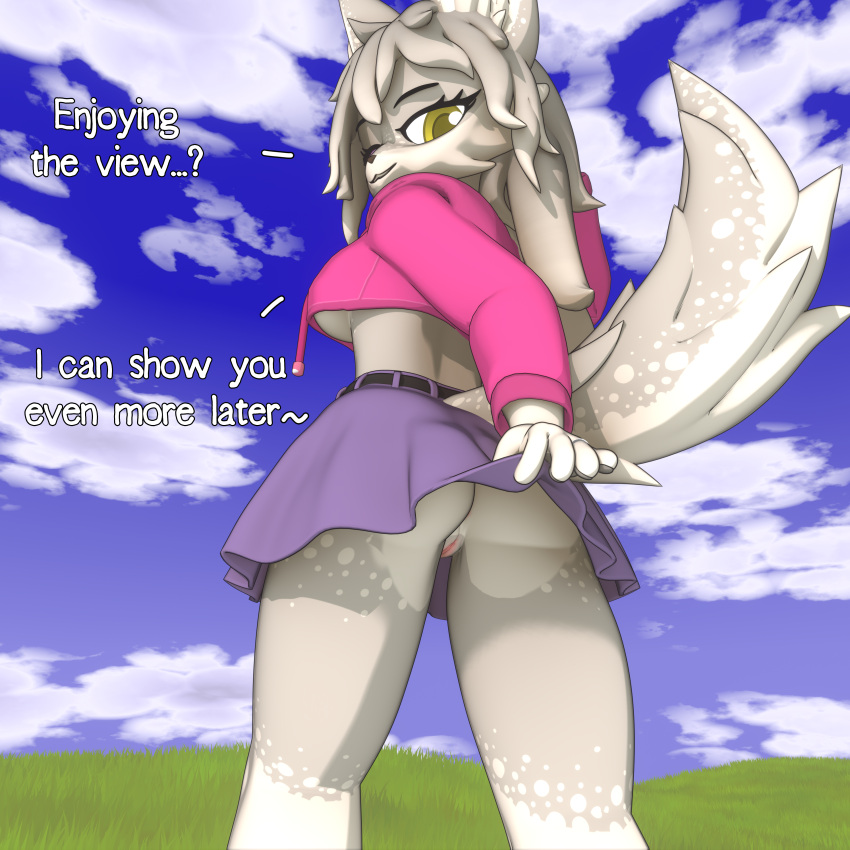 3d_(artwork) absurd_res anthro blender_(software) blender_eevee bottomwear breasts canid canine clothed clothing clothing_lift cloud digital_media_(artwork) english_text female fox fur genitals grass hair hi_res kaya_the_vixen kemono looking_at_viewer looking_back looking_back_at_viewer mammal nolanhaldam open_mouth outside partially_clothed plant presenting public public_nudity pussy raised_bottomwear raised_clothing raised_skirt rear_view skirt skirt_lift sky smile solo solo_focus tail text true_fox under_boob white_body white_fur
