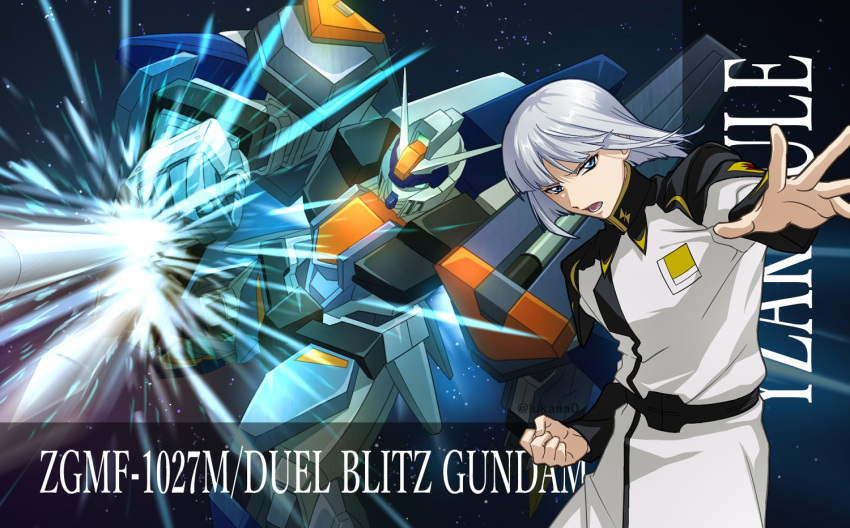 1boy blue_eyes duel_blitz_gundam firing firing_at_viewer gundam gundam_seed gundam_seed_freedom long_sleeves lukaaa mecha military military_uniform mobile_suit open_mouth robot science_fiction short_hair uniform v-fin weapon white_hair yzak_joule zaft_uniform