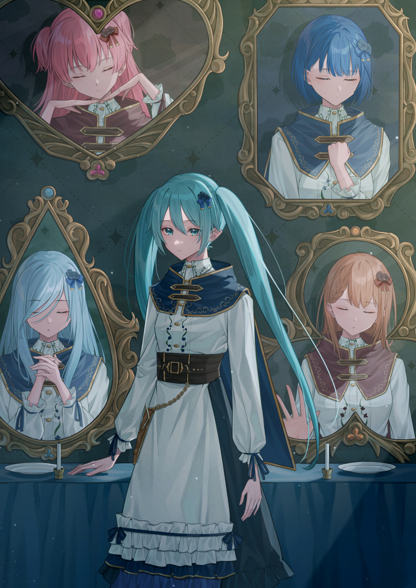 5girls absurdres aqua_hair blue_hair blue_ribbon bow breasts brown_hair candle capelet clenched_hand closed_eyes closed_mouth collared_dress corset dress hair_bow hanasato_minori hands_up hatsune_miku highres hinomori_shizuku isana615 kiritani_haruka long_hair long_sleeves looking_at_viewer medium_breasts momoi_airi multiple_girls own_hands_together painting_(object) parted_lips pink_hair plate project_sekai ribbon short_hair small_breasts smile solo_focus standing table twintails two_side_up vocaloid white_dress