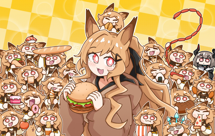 6+girls :3 :d @_@ absurdres animal animal_ears animalization apple arknights arms_up baguette black_jacket boned_meat bread bread_slice brown_hair brown_hoodie burger cake ceobe_(arknights) character_request checkered_background chibi chicken_leg chocolate_chip_cookie chopsticks closed_eyes closed_mouth commentary cookie cup cup_ramen disposable_cup dog dog_ears doughnut english_commentary fish_(food) food food_on_head fruit grey_hair highres holding holding_chopsticks holding_cup holding_food hood hood_down hoodie horns hot_dog ice_cream ice_cream_cone jacket long_sleeves meat multiple_girls multiple_persona mumei518 mushroom nigirizushi object_on_head on_head onigiri pizza pizza_slice puffy_long_sleeves puffy_sleeves red_apple red_eyes sausage smile soft_serve sushi taco taiyaki wagashi white_jacket