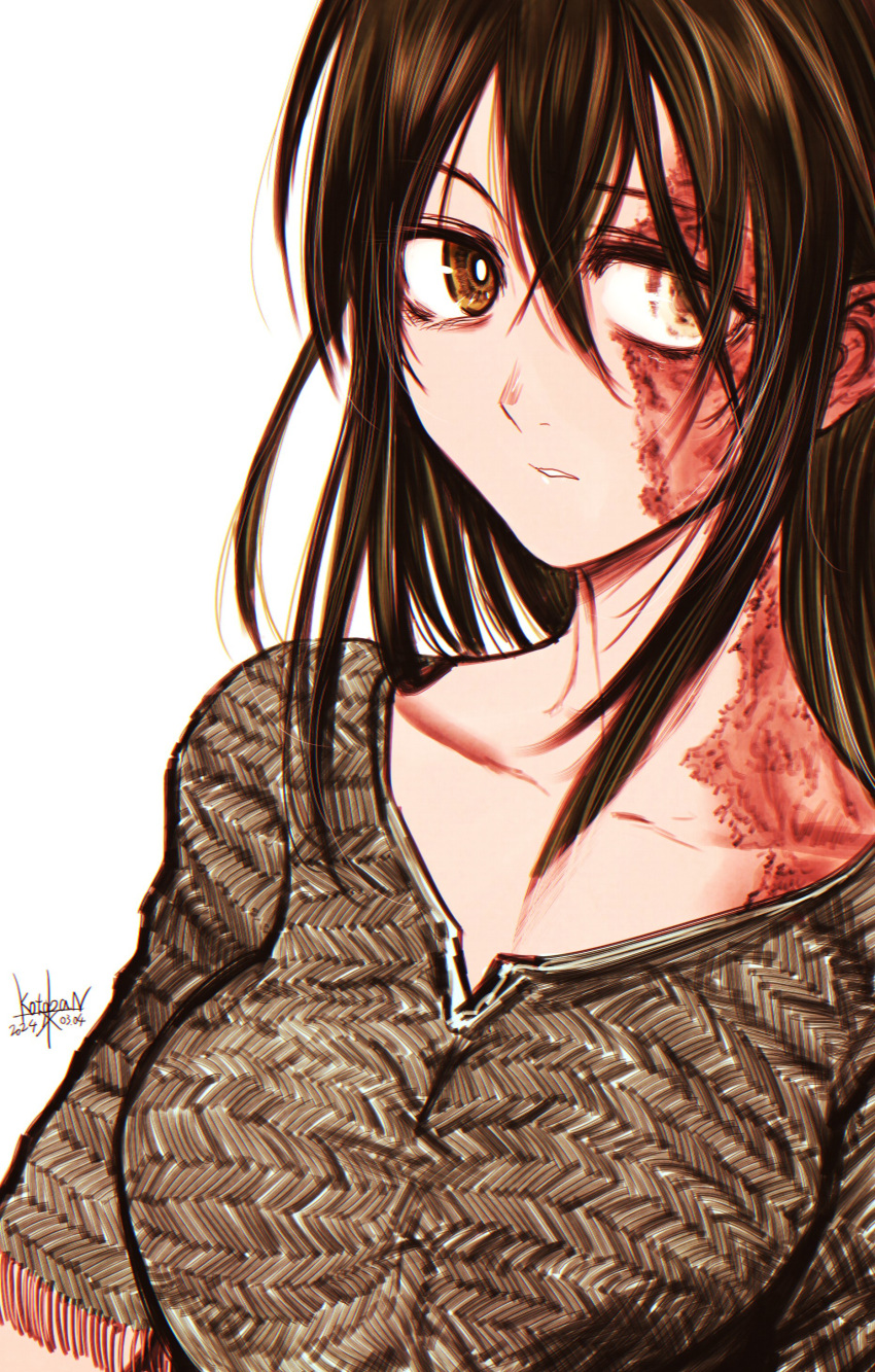 1girl absurdres breasts burn_scar collarbone dated green_shirt heterochromia highres karahara_shima kotoba_noriaki long_hair medium_breasts nose original partially_blind portrait scar scar_on_face sepia shirt signature simple_background solo white_background yellow_eyes