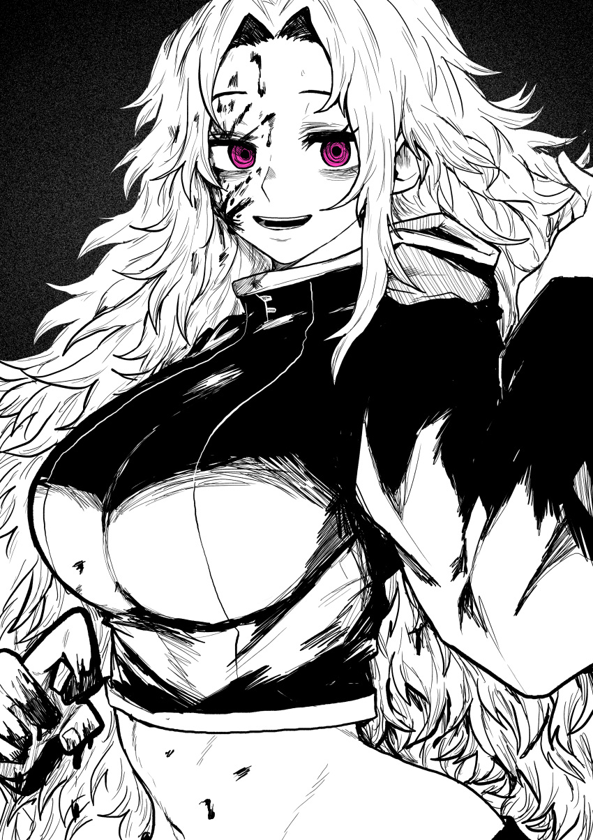 1girl absurdres black_background blood blood_on_body blood_on_clothes blood_on_face blood_splatter breasts crop_top hand_up high_collar highres long_hair long_sleeves looking_at_viewer medium_breasts midriff monochrome open_mouth original purple_eyes ringed_eyes simple_background solo spot_color teeth yotsumi_shiro