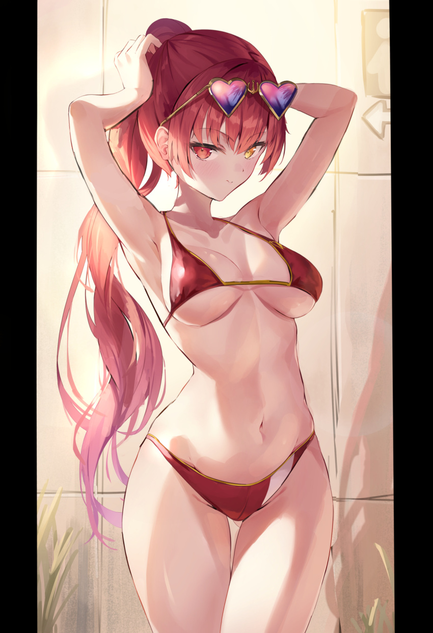 1girl armpits bare_shoulders bathroom_sign blush bra breasts cleavage hands_on_own_head heart heart-shaped_eyewear highres hololive houshou_marine large_breasts long_hair looking_at_viewer navel no_eyepatch panties plant potted_plant red_bra red_eyes red_hair red_panties sign smile solo tile_wall tiles twintails underwear virtual_youtuber yellow_eyes yuiko_0421