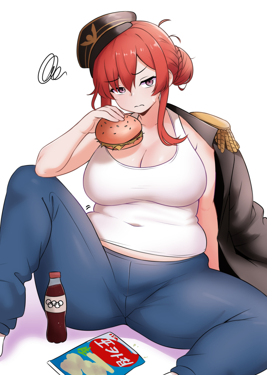 1girl alternate_body_size amogan arm_behind_back azur_lane blue_pants breasts burger cleavage closed_mouth collarbone commission covered_navel feet_out_of_frame food hair_between_eyes hair_bun hair_over_one_eye hat highres holding holding_burger holding_food large_breasts long_hair looking_at_viewer monarch_(azur_lane) olympic_rings orange_hair pants pixiv_commission plump sidelocks simple_background single_hair_bun sitting solo squiggle sweatdrop taut_clothes thick_thighs thighs white_background