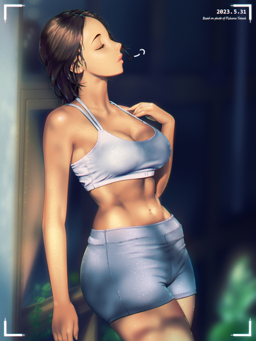 1girl a.x. abs absurdres blurry blurry_background breasts brown_hair cleavage closed_eyes collarbone dated grey_shorts grey_sports_bra hand_on_own_shoulder highres long_hair medium_breasts midriff navel original parted_lips pink_lips plant shorts solo sports_bra viewfinder wide_sleeves