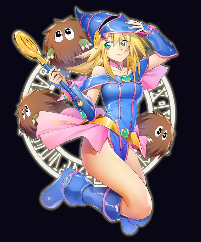 1girl bare_shoulders blonde_hair blue_footwear blue_headwear boots breasts dark_magician_girl duel_monster eisuke_(gobangai_hole_boys) green_eyes hat highres holding holding_wand kuriboh long_hair small_breasts wand wizard_hat yu-gi-oh!