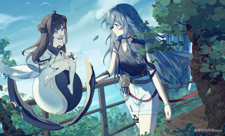 2girls absurdres ahoge artist_name bare_shoulders barefoot belt black_choker black_shirt blue_eyes blue_hair blue_sky book_of_fuxi bracelet breasts brown_hair chinese_clothes chinese_text choker closed_mouth clothing_cutout double_bun dragon_print dress fence fu_hua fu_hua_(night_squire) fu_hua_(rustic_noir) grey_hair hair_between_eyes hair_bun highres honkai_(series) honkai_impact_3rd jewelry light_smile long_hair looking_at_another low-cut_armhole multiple_belts multiple_girls official_alternate_costume open_mouth orb outdoors red_rope rope saya_atang shirt shorts side_cutout simplified_chinese_text sitting sky sleeveless sleeveless_shirt small_breasts smile standing thighs tree upper_body white_dress white_shorts yellow_belt yin_yang yin_yang_orb