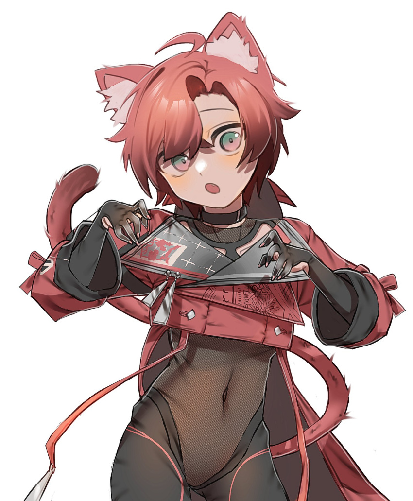 1boy ahoge amain_dudu animal_ear_fluff animal_ears black_choker black_gloves blush cat_boy cat_ears cat_tail choker claw_pose covered_navel cropped_jacket facing_viewer fang gloves hair_between_eyes highres holostars holostars_english jacket looking_at_viewer machina_x_flayon machina_x_flayon_(1st_costume) male_focus open_mouth red_eyes red_hair red_jacket revealing_clothes short_hair solo standing strap tail tight_clothes upper_body virtual_youtuber white_background