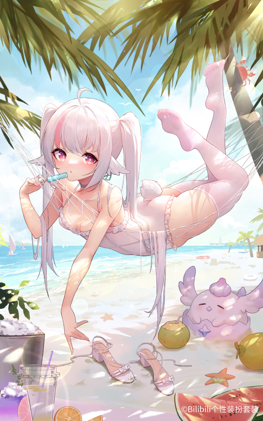 1girl ahoge beach character_request crab food fruit hammock highres ice_cream long_hair looking_at_viewer no_shoes one-piece_swimsuit palm_tree patrick_star primogem sand sandals shebaotower socks solo swimsuit tree twintails watermelon white_hair white_one-piece_swimsuit white_socks