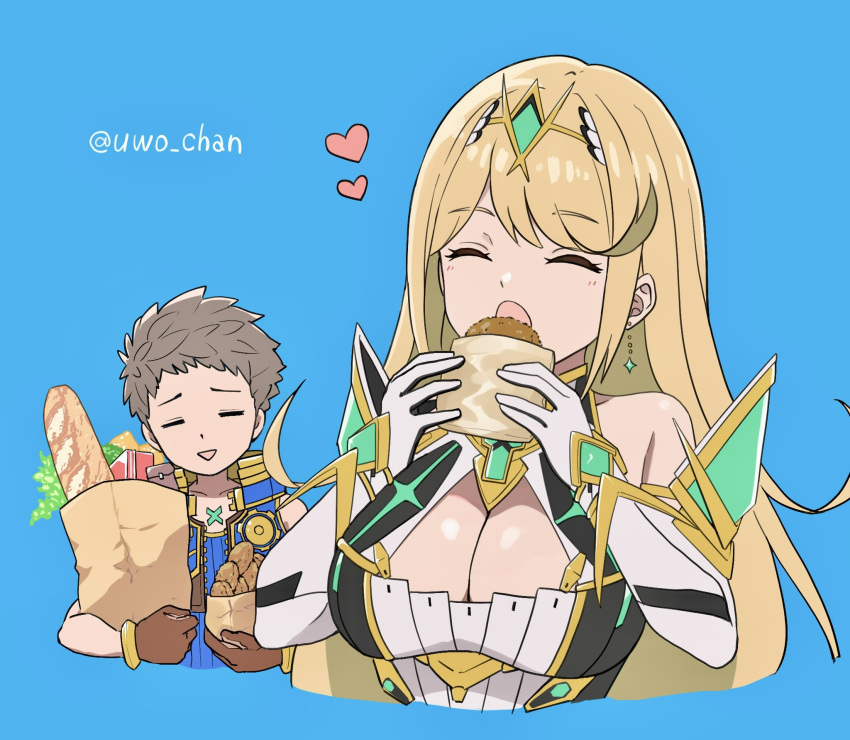 1boy 1girl :d :o bag baguette bare_shoulders blonde_hair blue_background blue_jacket blue_shirt bread breasts brown_gloves cleavage closed_eyes commentary_request cropped_torso croquette dress eating elbow_gloves food gloves headpiece heart highres holding holding_bag holding_food jacket large_breasts long_hair mythra_(xenoblade) open_clothes open_jacket paper_bag rex_(xenoblade) shirt simple_background sleeveless sleeveless_jacket smile twitter_username upper_body uwo_chan very_long_hair white_dress white_gloves xenoblade_chronicles_(series) xenoblade_chronicles_2