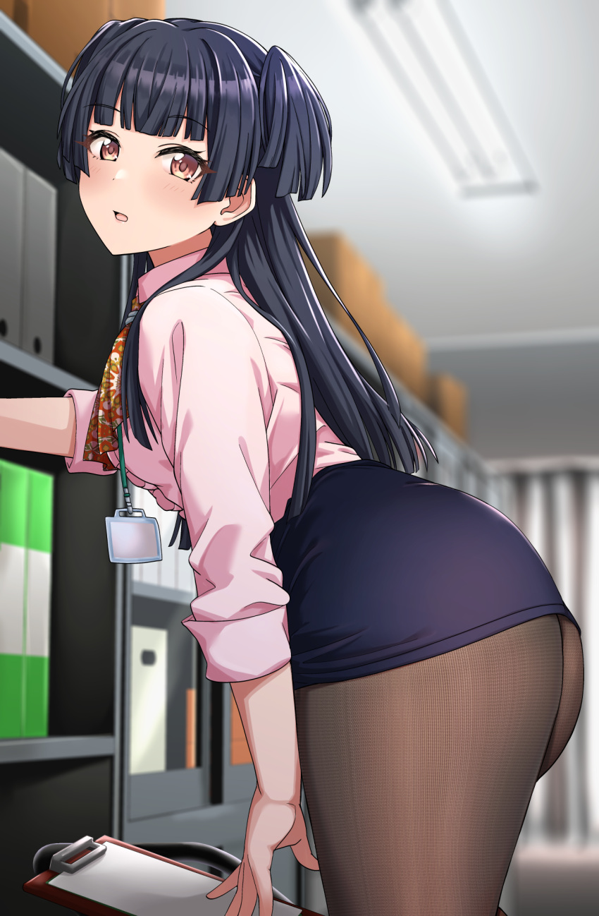 1girl :o alternate_costume ass black_hair blue_skirt blunt_ends blurry blurry_background blush breasts brown_pantyhose clipboard highres huge_ass idolmaster idolmaster_shiny_colors indoors kobamiso_(kobalt) lanyard looking_at_viewer looking_to_the_side mayuzumi_fuyuko medium_breasts miniskirt office_lady pantyhose pencil_skirt pink_shirt shirt shirt_tucked_in skirt solo two_side_up