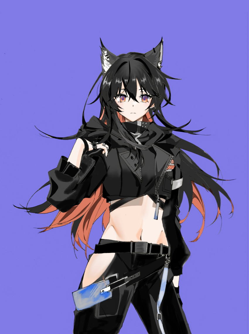 1girl absurdres ambience_synesthesia animal_ear_fluff animal_ear_piercing animal_ears arknights arm_at_side belt black_belt black_hair black_jacket black_pants black_shirt brown_eyes brown_hair chinese_commentary closed_mouth clothing_cutout colored_inner_hair commentary_request cowboy_shot crop_top cropped_jacket expressionless fingerless_gloves gloves groin hair_between_eyes hand_up highres hip_vent hood hood_down hooded_jacket jacket jewelry long_hair long_sleeves looking_at_viewer looking_down midriff multicolored_hair navel official_alternate_costume pants pantyhose purple_background purple_eyes qingyuan18445 red_hair ring shirt simple_background sketch solo split_mouth standing texas_(arknights) unfinished wolf_ears wolf_girl zipper_pull_tab
