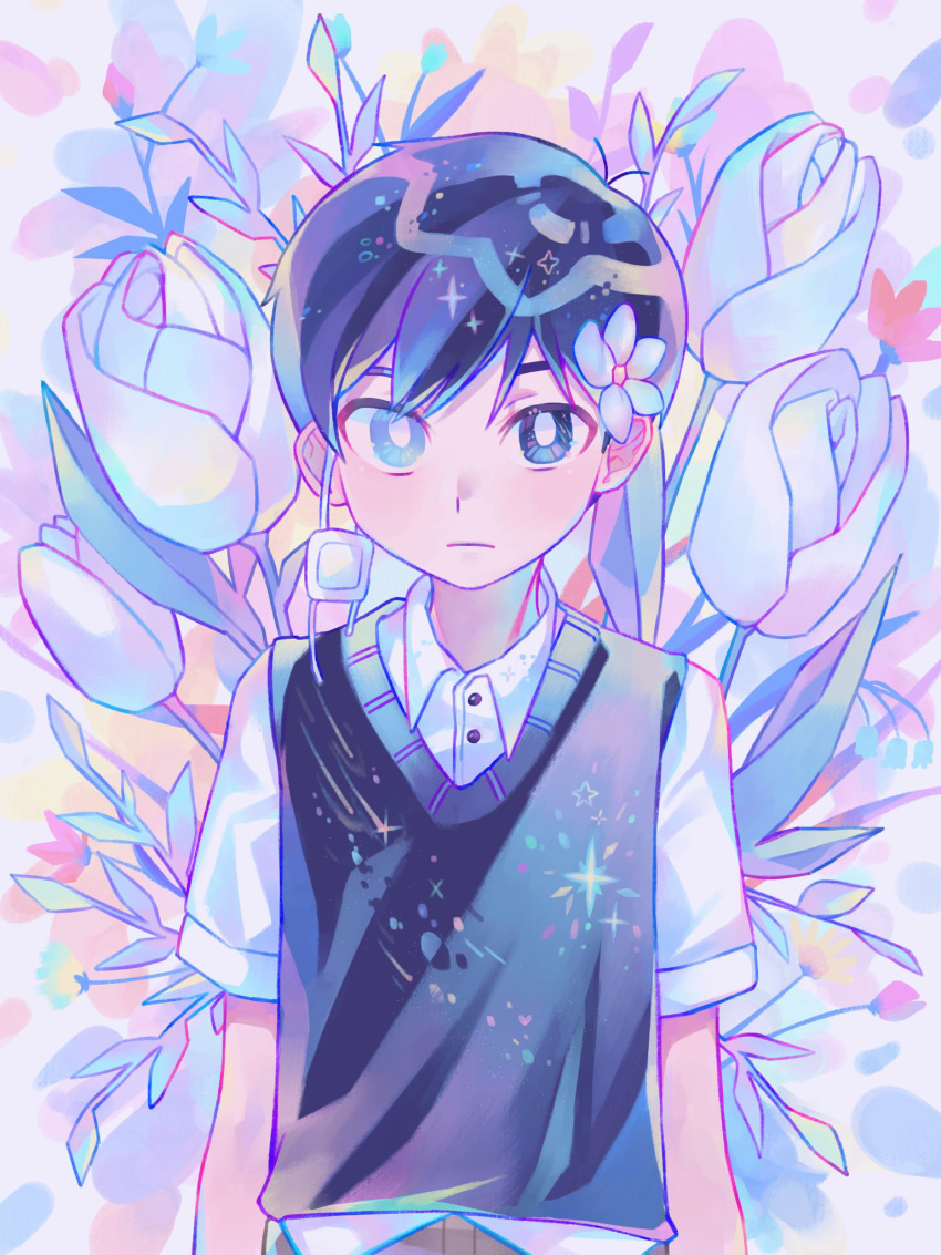 1boy antenna_hair aqua_eyes arms_at_sides black_eyes black_hair black_sweater_vest bright_pupils buttons closed_mouth collared_shirt eyepatch flower hair_flower hair_ornament heterochromia highres iro_(mywife_sunny) looking_at_viewer omori shirt short_hair short_sleeves shorts solo sunny_(omori) sweater_vest tulip unworn_eyepatch white_flower white_pupils white_shirt white_tulip