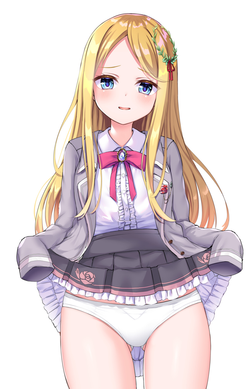 1girl absurdres ass_visible_through_thighs black_skirt blonde_hair blue_eyes blush center_frills clothes_lift collared_shirt colored_eyelashes commentary_request commission cowboy_shot floral_print frilled_shirt frilled_skirt frills grey_jacket hair_ornament hair_ribbon high-waist_skirt highres hoshi_no_otome_to_rikka_no_shimai jacket leaf_hair_ornament lifted_by_self long_hair looking_at_viewer lorbeerbaum_laurier ncontrail_(mgax7527) neck_ribbon open_mouth panties parted_bangs pleated_skirt print_skirt red_ribbon ribbon rose_print school_uniform shirt simple_background skeb_commission skirt skirt_lift sleeves_past_fingers sleeves_past_wrists smile solo straight_hair tsurime underwear white_background white_panties white_shirt