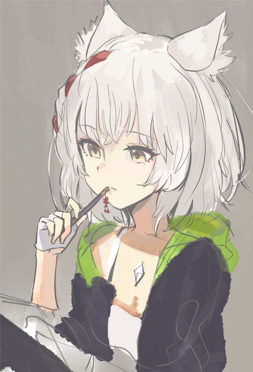 1girl animal_ear_fluff animal_ears black_jacket braid brown_eyes camisole commentary fingerless_gloves gloves grey_background grey_hair hand_up highres holding holding_pen jacket mio_(xenoblade) off_shoulder onepointzero open_clothes open_jacket parted_lips pen simple_background sketch solo upper_body white_camisole white_gloves xenoblade_chronicles_(series) xenoblade_chronicles_3