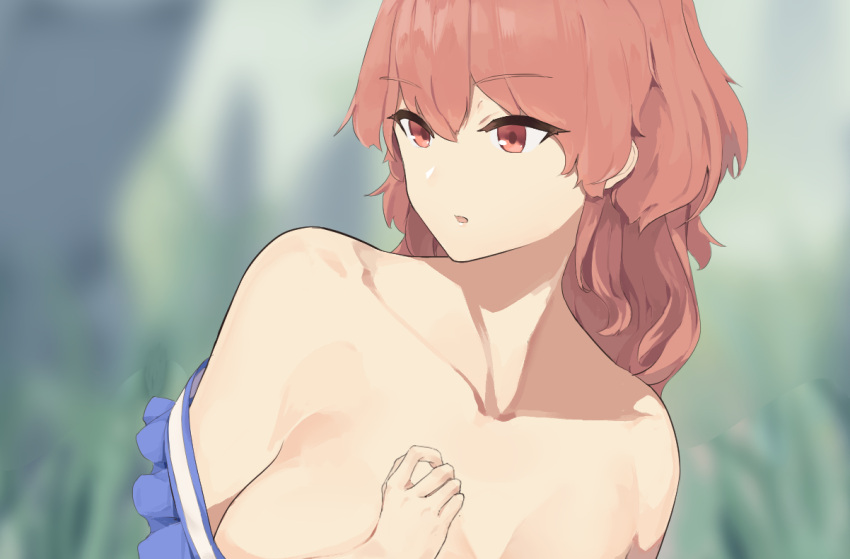 1girl blurry blurry_background breasts collarbone commentary_request hair_down large_breasts medium_hair onozuka_komachi open_mouth outdoors red_eyes red_hair solo ssrkma touhou upper_body