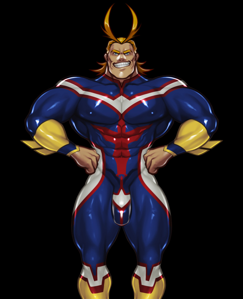 1boy abs absurdres all_might bara biceps black_background blonde_hair blue_eyes boku_no_hero_academia bulge commission covered_nipples feet_out_of_frame hand_on_own_hip highres large_pectorals long_hair looking_at_viewer male_focus manly mature_male muscular muscular_male nipples pectorals simple_background smirk solo spandex suit teeth thick_arms thick_eyebrows thick_thighs thighs yetigo_art