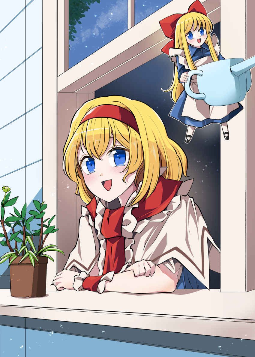 1girl :d absurdres alice_margatroid apron ascot blonde_hair blue_dress blue_eyes bow capelet detached_sleeves dress frilled_ascot frilled_sleeves frills hair_bow hairband highres holding holding_watering_can leaning_out_of_window long_dress long_hair long_sleeves looking_at_viewer plant potted_plant red_ascot red_bow red_hairband sei_(kaien_kien) shanghai_doll short_hair smile touhou upper_body watering_can white_apron white_capelet windowsill