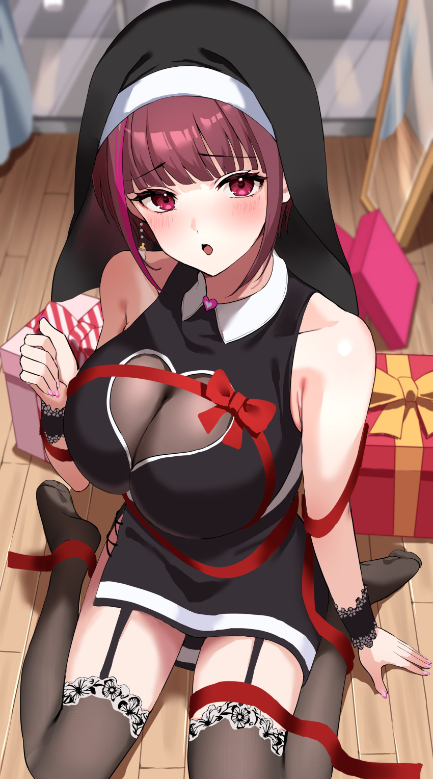 1girl :o absurdres baby_bottle black_dress black_garter_straps blurry blurry_background blush bottle bow box breasts brown_hair cleavage clothing_cutout collared_dress dress garter_straps gift gift_box habit heart_cutout highres indie_virtual_youtuber large_breasts milk_krkr multicolored_hair nun pink_eyes pink_hair pink_nails red_bow red_ribbon ribbon second-party_source see-through see-through_cleavage shadow sitting sleeveless sleeveless_dress solo streaked_hair thighhighs uuroncha virtual_youtuber wariza wooden_floor