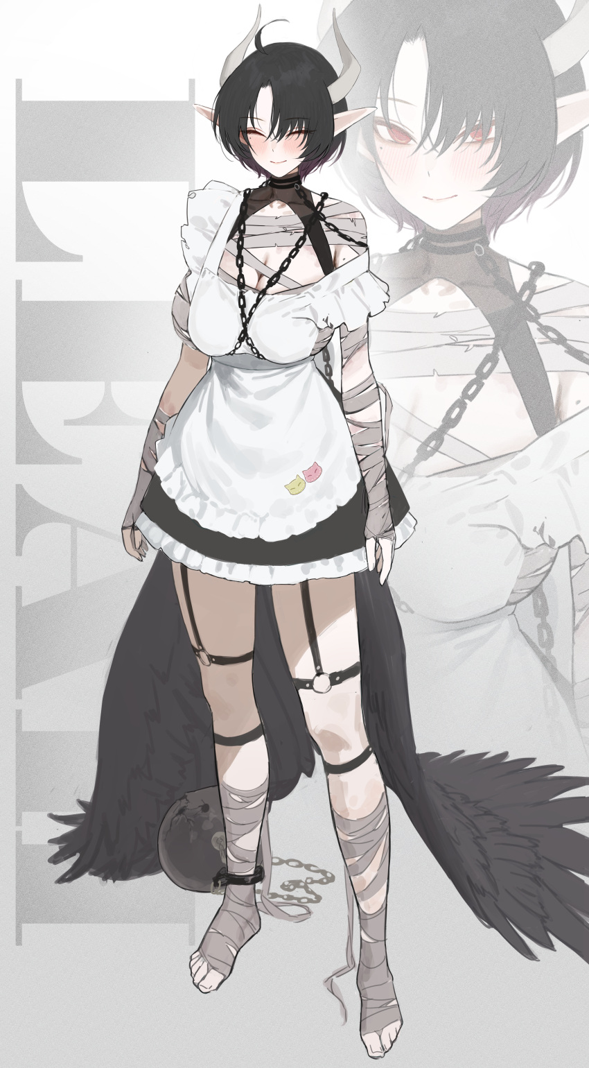 1girl ^_^ absurdres ball_and_chain_restraint bandages blush breasts cleavage closed_eyes highres horns looking_at_viewer maid marse_(rokudaime) mole mole_under_eye original pointy_ears red_eyes short_hair smile thigh_strap toes wings zoom_layer