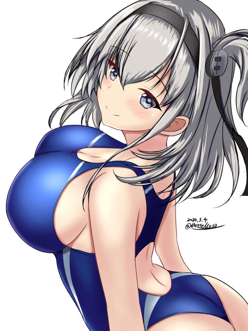 1girl ass back blue_one-piece_swimsuit blush breasts commentary_request competition_swimsuit cowboy_shot dated dated_commentary grey_eyes grey_hair hachimaki hair_between_eyes headband highres kantai_collection large_breasts long_hair looking_at_viewer looking_back montemasa one-piece_swimsuit one_side_up simple_background solo suzutsuki_(kancolle) swimsuit twitter_username two-tone_swimsuit white_background