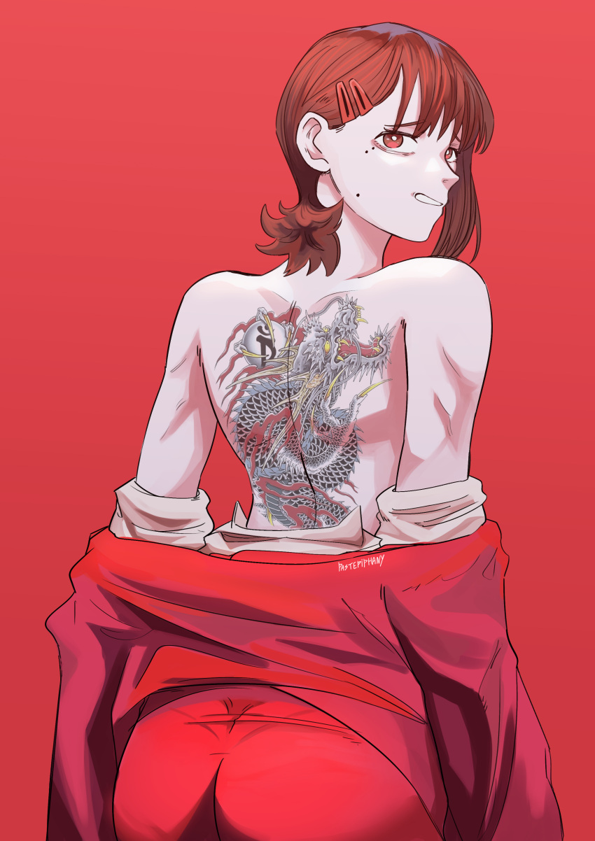 absurdres artist_name ass back_tattoo bare_shoulders brown_hair chainsaw_man dragon higashiyama_kobeni highres irezumi kiryu_kazuma looking_back mole multiple_hairpins panties pastepiphany red_background ryuu_ga_gotoku_(series) simple_background tattoo topless underwear yakuza