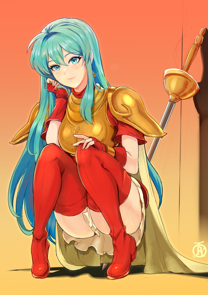 1girl aqua_eyes aqua_hair armor blue_hair blush boots breastplate cape earrings eirika_(fire_emblem) fingerless_gloves fire_emblem fire_emblem:_the_sacred_stones glint gloves highres jewelry long_hair looking_at_viewer miniskirt rapier red_footwear red_shirt red_thighhighs revolverwing shadow shirt short_sleeves signature skirt smile solo squatting sword thigh_boots thighhighs weapon yellow_cape