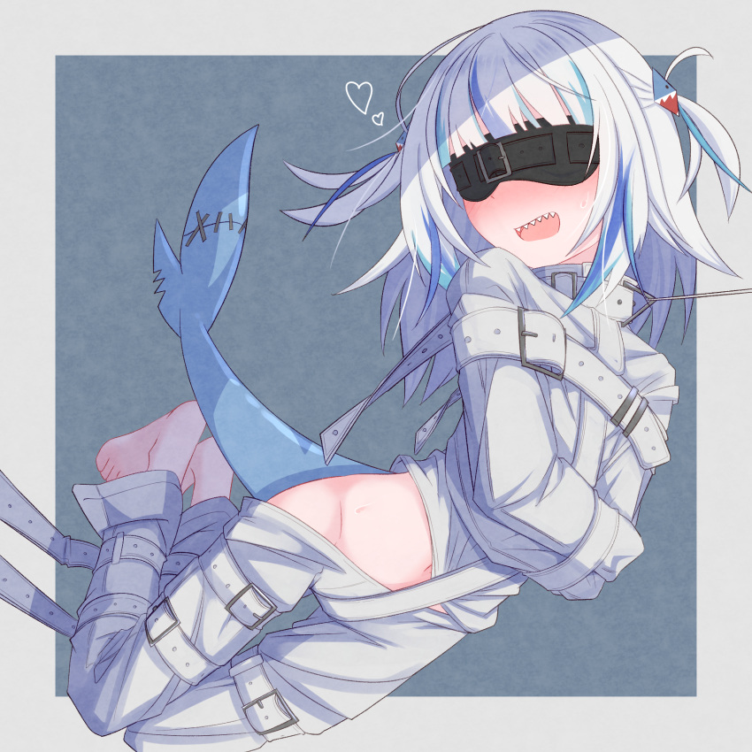 1girl :d barefoot bdsm blindfold blue_hair blush bound bound_arms bound_legs fins fish_tail gawr_gura heart highres hololive jacket leash medium_hair menou_74 midriff_peek multicolored_hair pants shark_girl shark_tail sharp_teeth smile solo spoken_heart stitches straitjacket streaked_hair tail teeth two-tone_hair virtual_youtuber white_hair white_jacket white_pants