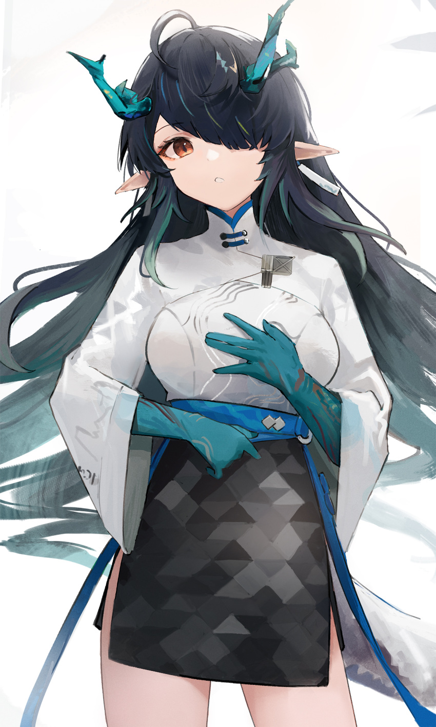 1girl :c absurdres arknights black_hair black_skirt breasts china_dress chinese_clothes collared_shirt colored_skin cowboy_shot dragon_girl dragon_horns dragon_tail dress dusk_(arknights) dusk_(bloom_moon)_(arknights) ema_(kuguiema) eyeliner hair_over_one_eye hand_on_own_chest highres horns large_breasts legs_apart long_hair long_sleeves looking_at_viewer makeup miniskirt one_eye_covered open_mouth orange_eyeliner pointy_ears red_eyes shirt side_slit sidelocks simple_background skirt solo tail teeth very_long_hair white_background white_shirt wide_sleeves