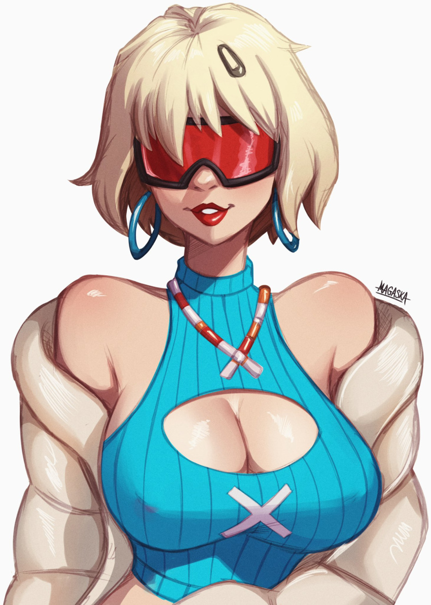 1girl artist_name bare_shoulders blonde_hair blue_sweater breasts cleavage cleavage_cutout clothing_cutout covered_nipples cropped_sweater earrings evie_(fortnite) fortnite goggles hair_ornament highres hoop_earrings jacket jewelry large_breasts looking_at_viewer magaska19 off_shoulder official_alternate_costume official_alternate_hairstyle red-tinted_eyewear red_lips ribbed_sweater short_hair simple_background ski_goggles snow_goggles solo summitseeker_evie_(fortnite) sweater tinted_eyewear upper_body white_background white_jacket