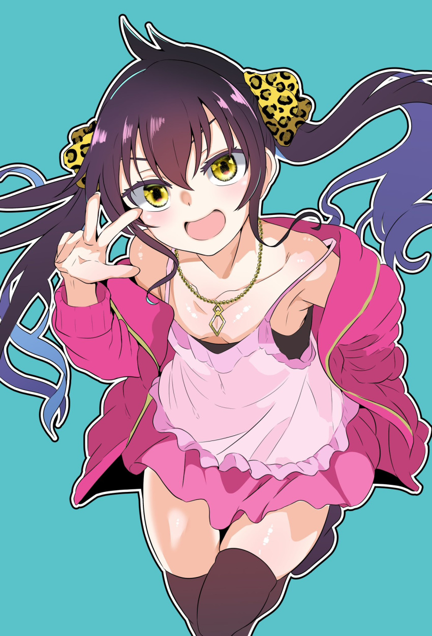 1girl animal_print black_hair black_thighhighs blush breasts camisole cleavage highres idolmaster idolmaster_cinderella_girls jacket jewelry kazuta1000 leopard_print long_hair looking_at_viewer matoba_risa miniskirt necklace open_clothes open_jacket open_mouth pink_camisole pink_jacket pink_skirt print_ribbon ribbon skirt small_breasts smile solo thighhighs twintails v yellow_eyes zettai_ryouiki