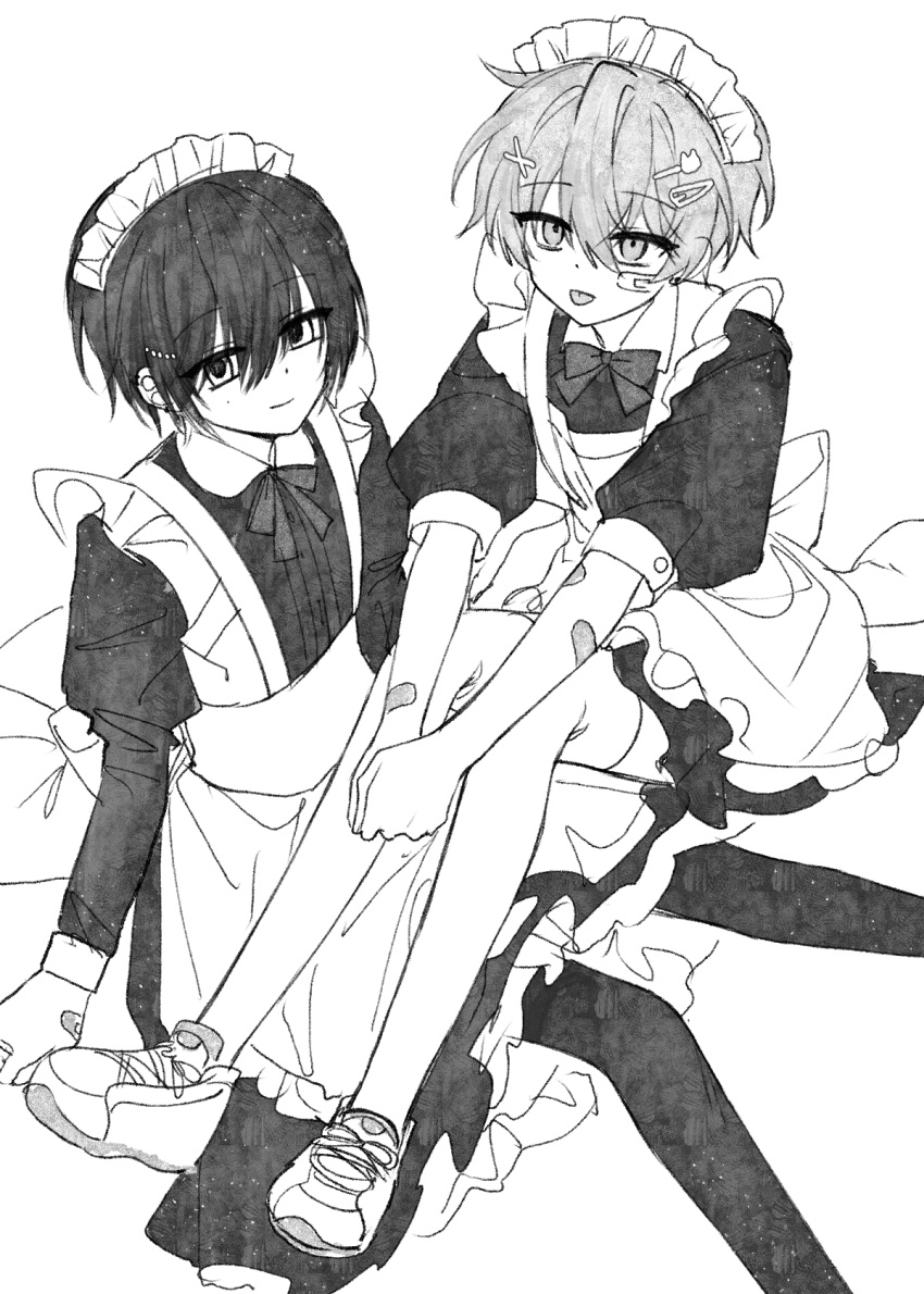 2boys apron bandaid bandaid_on_arm bandaid_on_cheek bandaid_on_face bandaid_on_hand black_bow black_bowtie black_hair black_pantyhose bow bowtie cropped_legs crossdressing full_body grey_hair highres juliet_sleeves long_sleeves looking_at_viewer maid_apron maid_headdress monochrome multiple_boys multiple_hairpins on_floor original own_hands_together pantyhose puffy_sleeves quzie shoes short_hair sitting sitting_on_person smile sneakers thighhighs tongue tongue_out tsurime white_thighhighs