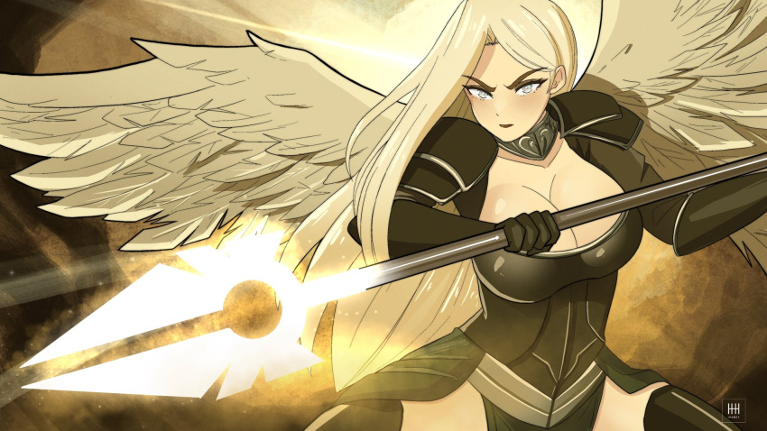 1girl angel_wings armor avacyn black_armor blonde_hair boots bracer breasts cleavage collarbone english_commentary frown gradient_background grey_eyes highres holding holding_polearm holding_weapon ihsnet large_breasts lipstick magic:_the_gathering makeup pauldrons pelvic_curtain polearm serious shadow shoulder_armor solo spear thigh_boots upper_body weapon wings zettai_ryouiki